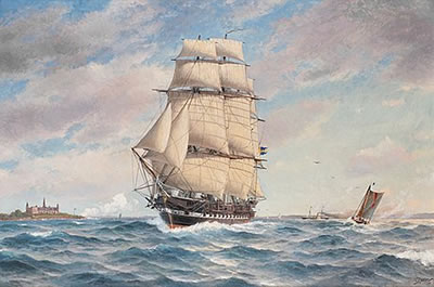 Jacob Hagg : H.M.S. Norrköping off Kronborg Castle at Helsingör.