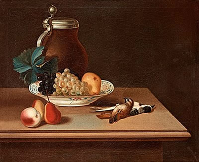 Lars Henning Boman : Still life with grapes, jar and birds.