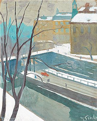 Hjalmar Grahn : View towards Riddarholmen in winter, Stockholm