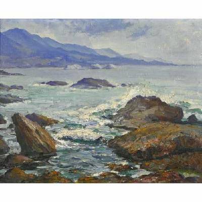 Mary Herrick Paxton Ross : Waves on a Rocky Shore with Mountains