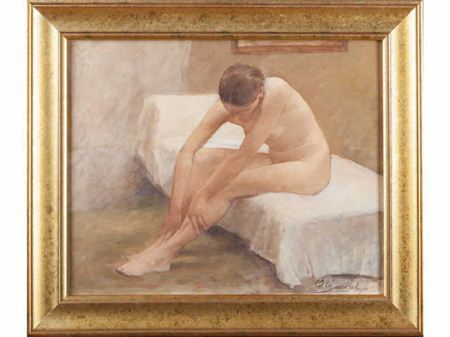 Léon Garraud : Femme nue assise sur un lit.