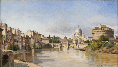 August Fischer : VEDUTA DEL TEVERE CON CASTEL SANT'ANGELO E LA BASILICA DI SAN PIETRO