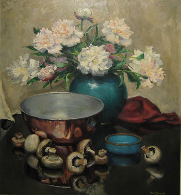 Robert Boudry : Stilleven van bloemen, potten en paddestoelen/Nature morte aux fleurs, pots et champignons