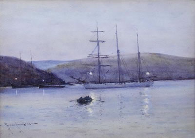 Eyres Charles Simmons : Schooner, Fowey Harbour, Cornwall, at Dusk, 1916