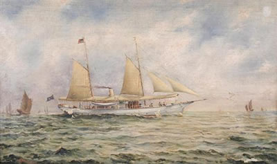 Algernon Yockney : The Steam Yacht 'Kingfisher' in Australian Waters with Oriental Junks nearby