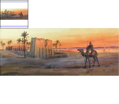 Giovanni Barbaro : Bedouin by an Oasis at Sunset; and Bedouin with Camels by a River and a Mosque (a pair)