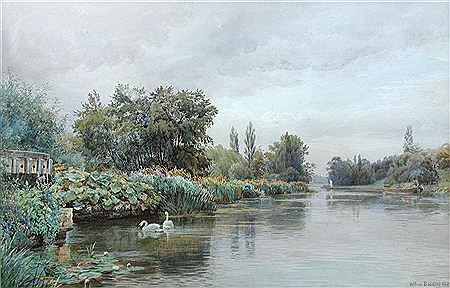 William Bradley : Swans, sailing boats and narrow boats on a river