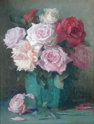 Fred Spencer : Study of pink and mauve roses in an oriental green ginger jar