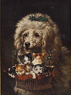 Jules Gustave Leroy Jr : Holiday Gift. Poodle holding a basket, adorned with holly, full of kittens.