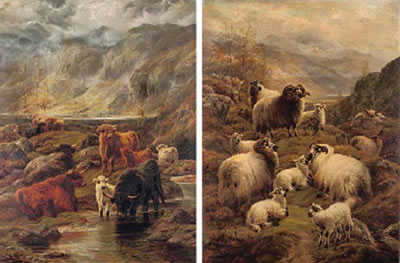 Robert Watson : Highland cattle watering; and Sheep by a loch (pair)