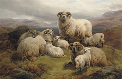 William Watson Jr : Sheep grazing by a loch