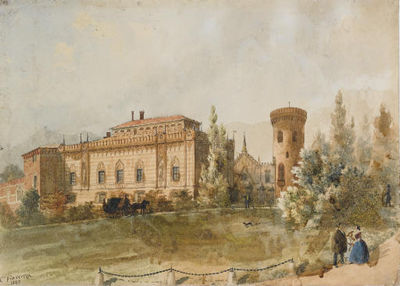 Carlo Piacenza : Il castello di Envie con figure