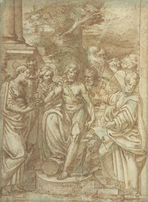 Carlantonio Procaccini : Saint John the Baptist flanked by Saint Barbara and other saints