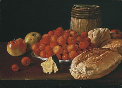 Luis Egidio Melendez : Arbutus berries on a plate, apples, a wood barrel and bread rolls on a wooden table