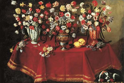 Giuseppe Recco : Arrangements of flower bouquets in a majolica vase, a sculpted pewter and bronze urn and a ceramic ewer on a draped octagonal table with two lemons and other flowers, with a pug resting below