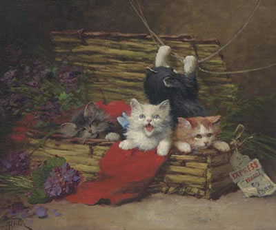 Léon Huber : Four Kittens in a Basket