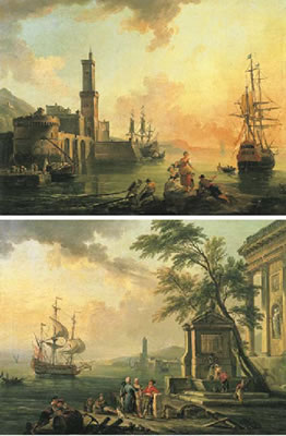 Jean Baptiste Lallemand : Fishermen and courtesans in a Mediterranean port at sunset; and Fishermen and Turkish merchants in a Mediterrenean port atsunrise (2)