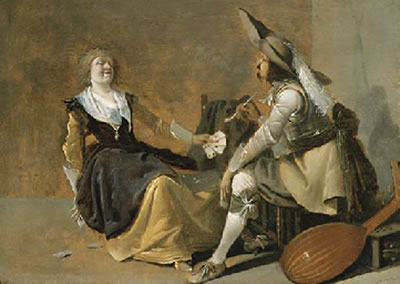 Pieter Jansz Quast : A soldier and a laughing girl in an interior