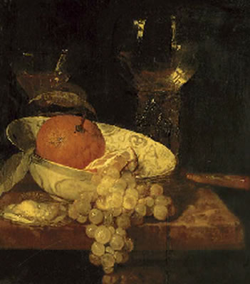 Abraham van Beyeren : A roemer and a façon de Venise, oranges in a Wan-Li kraak porcelain bowl, an oyster, grapes and a knife on a table