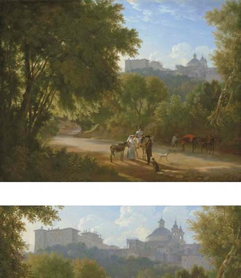 Achille Etna Michallon : A Valley in the Alban Hills with Travelers on a Road, a view of the Chigi Palace and Santa Maria dell'Assunta beyond (2)