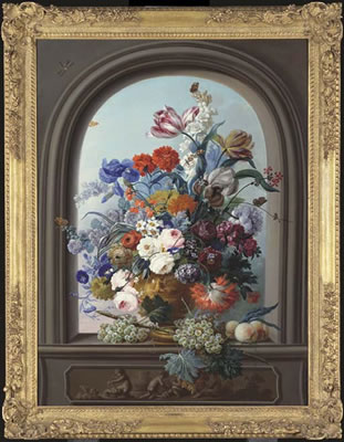 Johann Baptist Drechsler : Tulips, roses, irises, peonies, morning glory, narcissi and other flowers in a sculpted urn with bunches of grapes and peaches in a casement