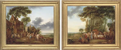 Louis-Joseph Watteau de Lille : An extensive landscape with elegant company preparing to eat; and An extensive river landscape with people celebrating the return of army generals