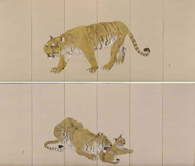 Konoshima Okoku : Tigers and cub (pair of 6 panels)