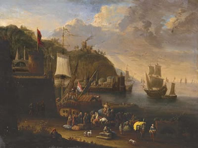 Jan Baptist Van Der Meiren : A port scene with figures unloading and shipping beyond