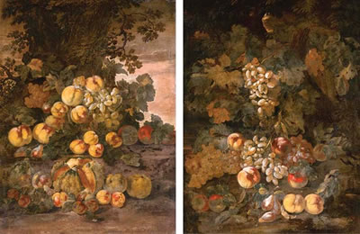 Giovanni Battista Spadino : A melon, peaches, plums, quinces and grapes by a tree; and Grapes, apples and peaches in a wooded landscape