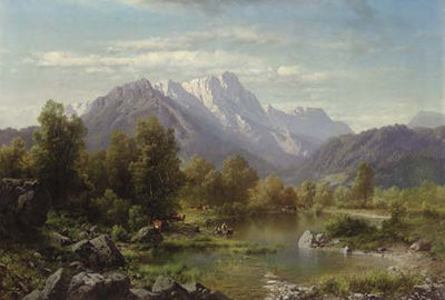 Carl Millner : Mountain Landscape with Cattle Watering by a Lake