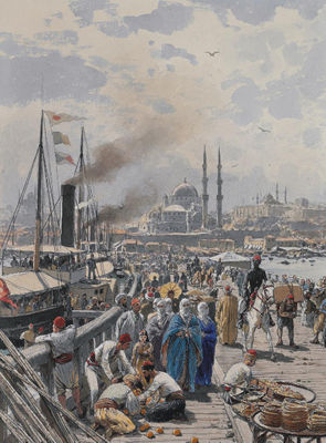 Karl Paul Themistokles von Eckenbrecher : The Old Galatea Bridge connecting Karakoy to Eminonu Over the Golden Horn, Istanbul