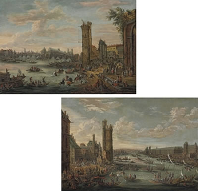 Pieter Bout : A view of the Pont de l'Isle de la Cité and the Tour des Nesle from the left bank, Paris; and A view of the Tour des Nesle and the left bank from the Pont de l'Isle de la Cité, Paris (2)