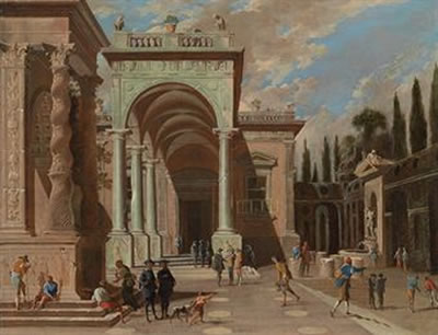 Ascanio Luciani : An architectural capriccio with figures outside a palace