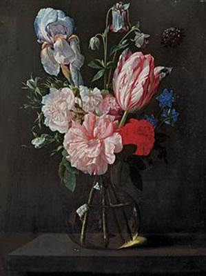 Nicolaes Van Verendael : A tulip, roses, iris and other flowers in a glass vase on a ledge