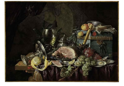 Cornelis De Heem : A ham on a pewter plate, grapes, berries, plums, lemons, and oysters with a roemer, tazza, pitcher, wan-li porcelein dish, recorder, book, and blue box on a partly draped table in a niche