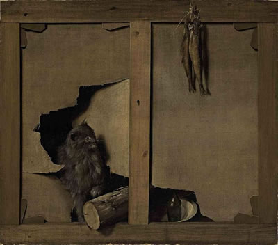 Louis-Leopold Boilly : A trompe-l'oeil with a cat and a wooden log through a canvas, fish hanging from the stretcher