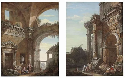 Charles Louis Clerisseau : Two architectural capricci with peasants, musicians and other figures frolicking among classical ruins