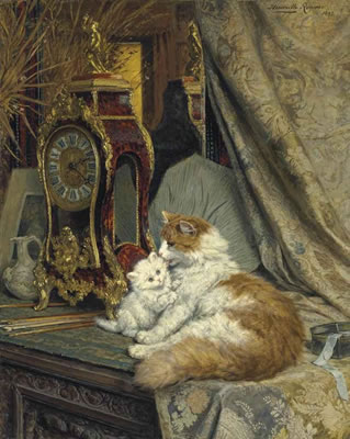 Henriette Ronner : A Mother Cat and her Kitten with a Bracket Clock