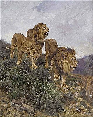 Geza Vastagh : Three Lions Walking Down a Rocky Hillside