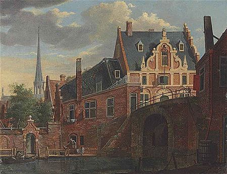 Johannes Huibert Prins : A CANAL VIEW WITH A CHURCH IN THE DISTANCE