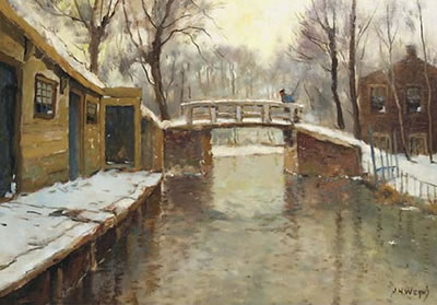 Jan Harm Weyns : A village in winter with a bridge over a stream