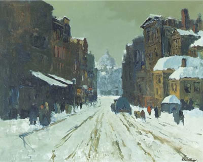 Christiaan Soer : A view of the Wetstraat, Brussels, in winter, the L'Eglise St. Marie in the distance