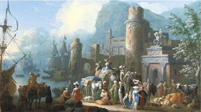 Jan Baptist Van Der Meiren : A capriccio view of a Levant harbour with travellers, camels and other animals on a quay