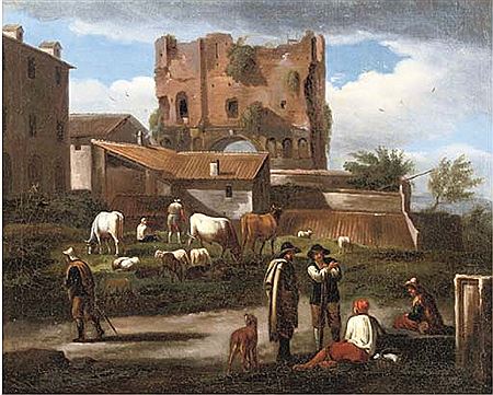 Norbert van Bloemen : Figures conversing along a path with cattle grazing, the triumphal Arch of Janus Quadrifrons, Rome, in the background