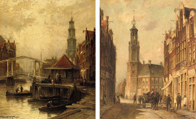 Cornelis Christiaan Dommelshuizen : Oud Amsterdam, de Munt Toren en Hotel; and Oud Amsterdam Bikkerseiland: Views of Old Amsterdam (pair)