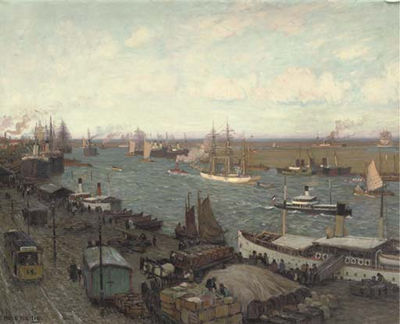 Hans Hartig : A Busy Day in the Harbour of Stettin, Poland