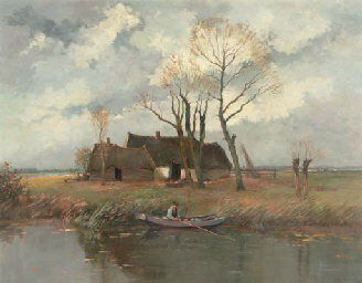 Johan Hendrik Kaemmerer : Fishing Near a Farmhouse