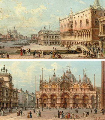 Antonio Maria De Reyna Manescau : A view of the San Marco; and An elegant company in front of the Palazzo Ducale, Venice (2)