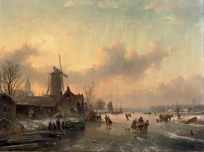 Jan Jacob Spohler : Winterfun: numerous skaters on a frozen waterway