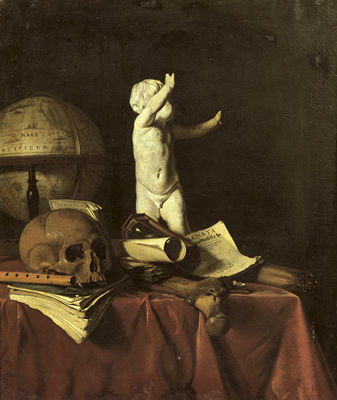 Jan Fris : A 'Vanitas' with a Sculpture of a Putto, a Globe, a Skull, a Bone, an Hourglass, a Flute and Books on a Draped Table